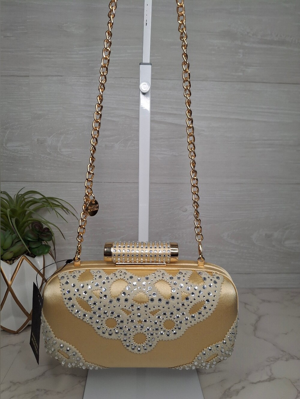 Badgley Mischka Gold Crystal Rhinestone Satin Evening Bag Clutch NWT